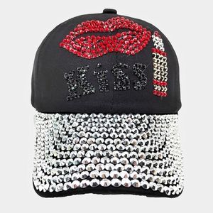 Black KISS Silver Rhinestone LipStick Mouth Crystal Brim Baseball Cap Hat Red